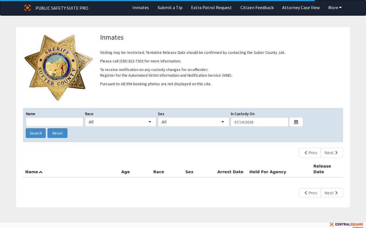 Yuba City people search using the Sutter County custody list