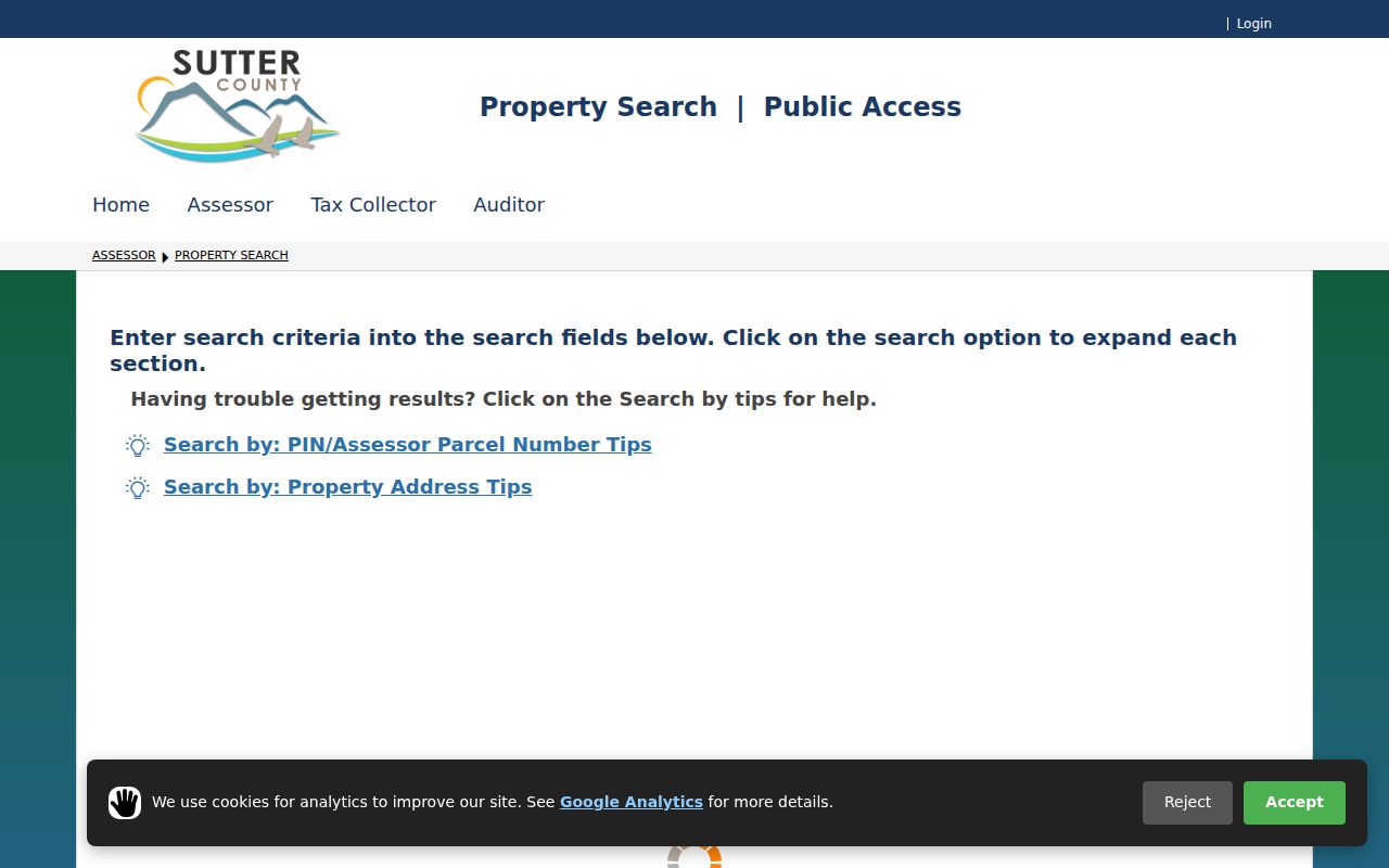 Yuba City public records property search fields in the Sutter County portal
