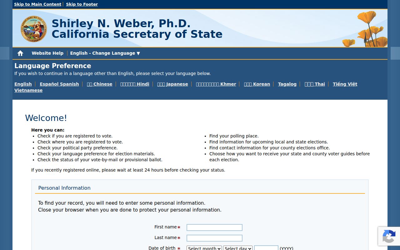 Yuba City voter records search on California My Voter Status